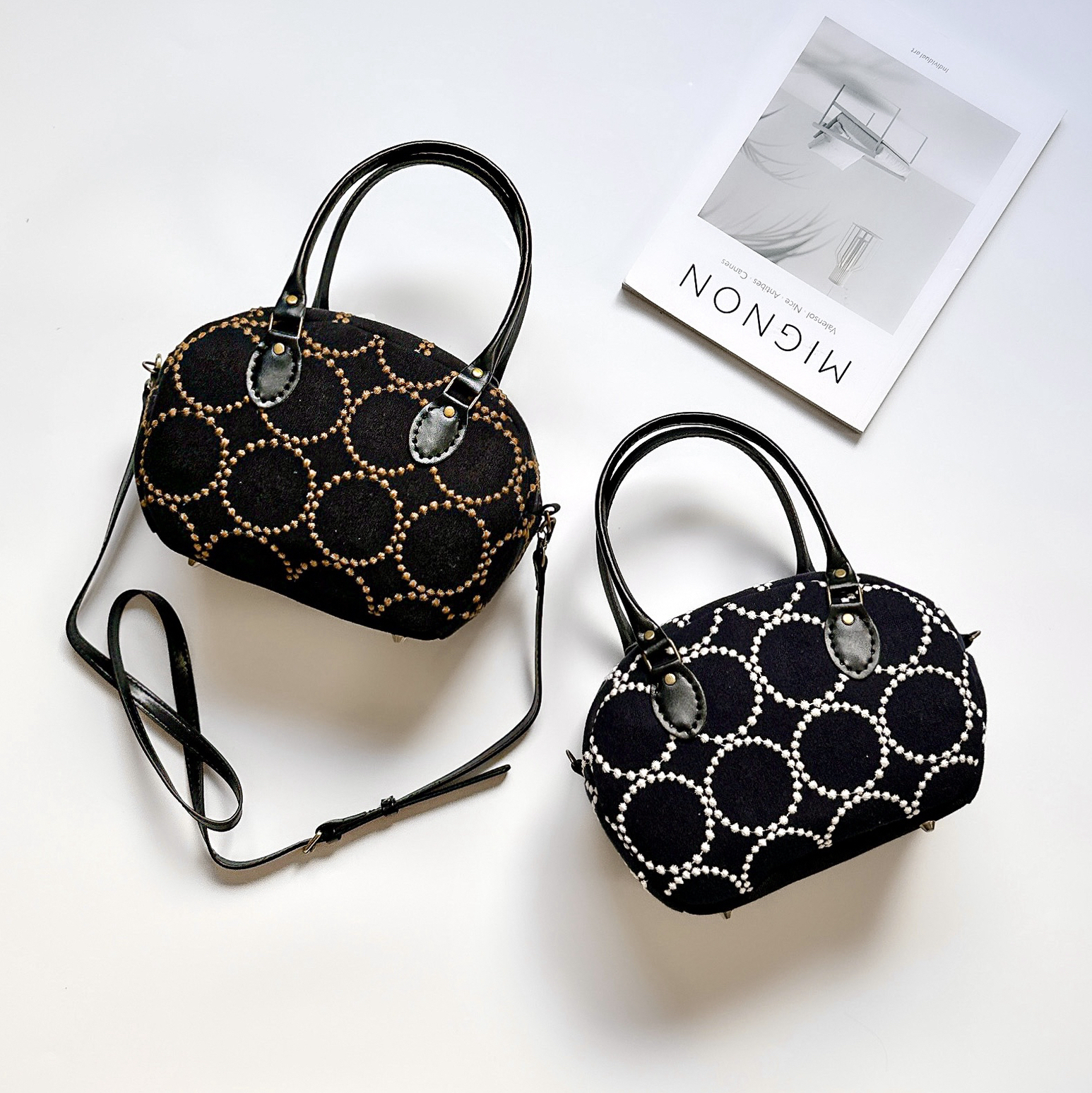 ミナペルホネン　ハンドメイド　2wayミニバッグ　チャコール mina perhonen - ハンドメイド ミナペルホネン トートバッグの