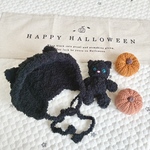 【1点限定】ハロウィンフォトセット　ベビーボンネット（黒猫）、かぼちゃオーナメント、黒猫あみぐるみ
