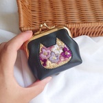 猫シルエットのミニがま口ポーチ/インド刺繍リボンとフェイクレザー(パープル)
