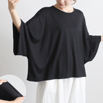 ⁑(送料無料）ラスト５　夏ＳＡＬＥ　シルケット とろみ伸縮カットソー生地　ゆったり ポンチョ袖 ワイド かぶるだけ プル オーバーシャツ トップス 黒　F29