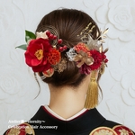 【再販2】椿　華やぐ髪飾り　成人式　前撮り　結婚式　卒業式　ヘアアクセサリー　和玉　金箔　髪飾り　選べるタッセルカラー　ツバキ　つばき