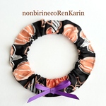 【サイズ調節可能】猫用首輪　ねこ用首輪　「猫くびわ　かぼちゃパーティー」シュシュ首輪　シュシュくびわ　ねこ用くびわゴム　布幅3cm 