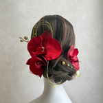 ワインレッド胡蝶蘭 髪飾り【金箔・水引・ゴールドパール付き】 卒業式髪飾り 成人式髪飾り 白無垢　成人式　卒業式 髪飾り 髪飾り ヘッドドレス   水引 ブライダル　ウェディング振袖髪飾り袴 和装