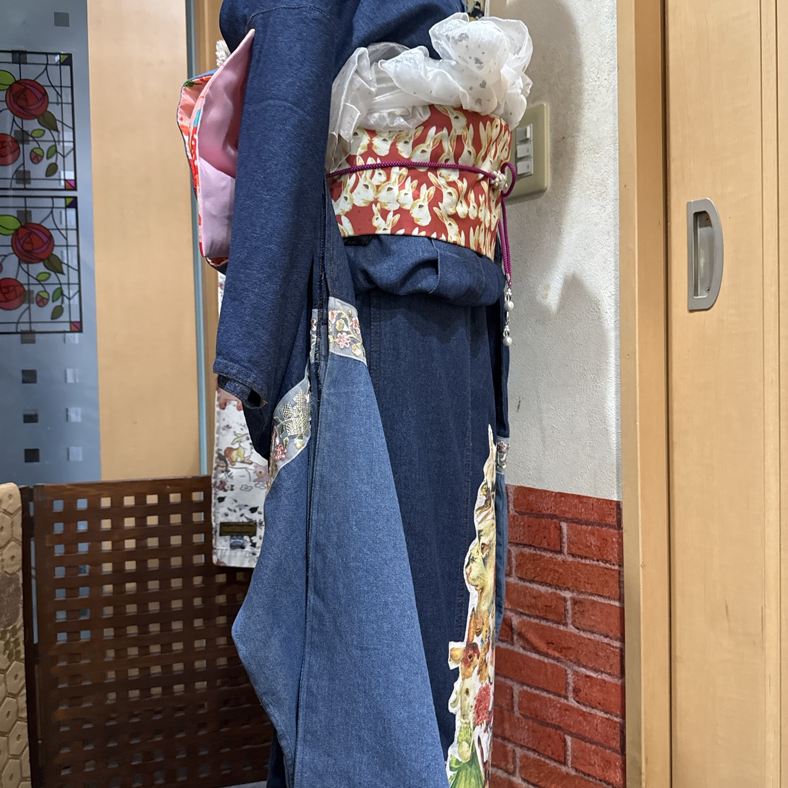 デニム着物リメイク フクロウパッチ二部式帯 ハンドメイドセット売り❣️コスプレ デニム着物リメイク フクロウパッチ二部式帯 ハンドメイドセット