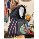 茶摘み柄の柿渋染めと絣のトートバッグ　　　ハンドメイド