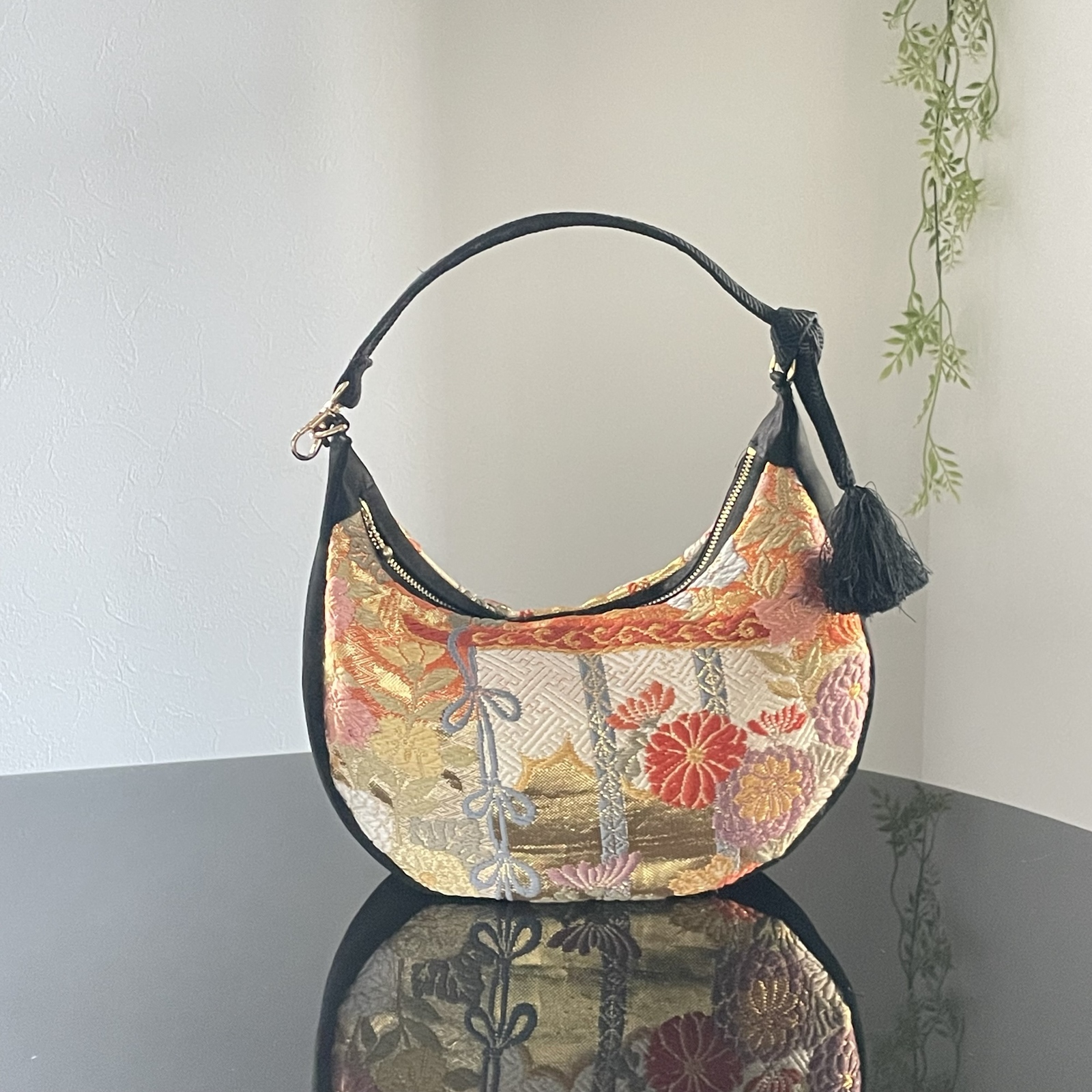 帯リメイクバッグ A4サイズ 丸帯 尾長鳥 切り替えあり 帯バッグ