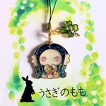 オルゴナイト　アマビエ様ストラップ（ホログラムラメブルーヘアー＆ピンクカラー瞳）