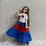 リカちゃん　白のハートワッペンＴシャツと赤と青のティアードスカートのセット💙❤️ブレスレット付き