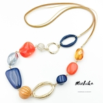 大人ネイビー×オレンジ×ゴールド 大ぶり レトロ アンティーク アクリルビーズ 紐 ロングネックレス【金属アレルギー対応】春夏秋冬