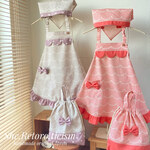 ～北欧風ウェーブストライプ～　こども用フリルエプロン&三角巾【サイズ選択可能】エプロン袋も注文可能「コーラルピンク」「ペールラベンダー」「モダンチェック・ピンク」