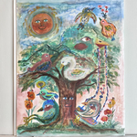 水彩画原画作品額装付きI.H様ご売約済みオーダー作品「色とりどりの、鳥たちのとまり木」
