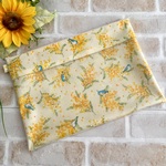 ラミネート スケルトンポーチ　ミモザと鳥柄　 ペタンコポーチ　書類入れ　A5ノートが入る　花柄