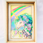 【原画】『夢を叶えるユニコーンと虹のアーチ』　水彩色鉛筆　水彩画　インテリア　ヒーリングアート　癒し　イラスト　ポストカード　絵葉書　