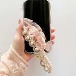 スマホストラップ バレリーナ風 オレンジリボンとパール ゴールド糸
