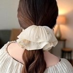 上品 ホワイト フリル シュシュ★オフホワイト×パール★簡単ヘアアレンジ♪プリーツ シュシュ 大人 ヘアアクセサリー