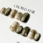 No.6 ネイルチップオーダー ショートオーバル マグネットネイル チェックネイル グリーン カーキ 