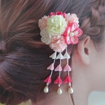 ☆新色☆【単品】七五三 クリップ式 髪飾り つまみ細工のお花とピンポンマム ～桃紅色～