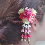【単品】七五三 クリップ式 髪飾り つまみ細工のお花とピンポンマム ～紅色～