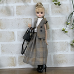 NO,580リカちゃん服  マスタードグレンチェック　ジレ　ギャザースカート　秋のお出かけコーデ　リアルクローズ