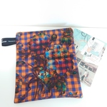 ブックポーチ(単行本・文庫本サイズ)　秋カラー　オレンジブルーギンガムチェック花柄　20cmファスナー