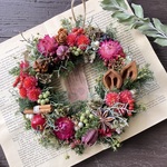 赤系　木の実とドライフラワーのラウンドリース　20cm クリスマス