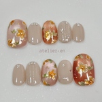 【琥珀の煌めき】 ネイルチップ 琥珀色 べっ甲カラー オレンジ  花 マグネット 花金木犀 水光マグ 秋色ネイル しっくなオレンジ