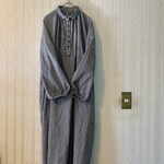 訳あり　綿麻ギンガム生地の小さな襟のヘンリーネックワンピース