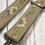 38mm太幅・斜め掛けショルダーストラップ★灰茶ベルト+カフェオレベージュに渋めミックスカラーのボタニカルな花刺繍の太ショルダーベルト38ｍｍ★インド刺繍
