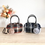 秋バッグ レトロチェックツイードとプードルボアの異素材ミックス2WAYスクエアボストンバッグ【選べる2カラー】