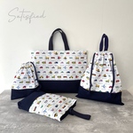 入園入学セット　4点セット　ドット絵がカワイイ♪  レッスンバック　上履き入れ　体操服袋　給食袋　入園入学準備　車　乗りもの　はたらくくるま