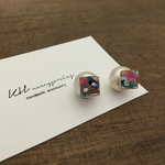 スクエアモザイク柄ピアス＆大粒コットンパールキャッチ（pink&blue)
