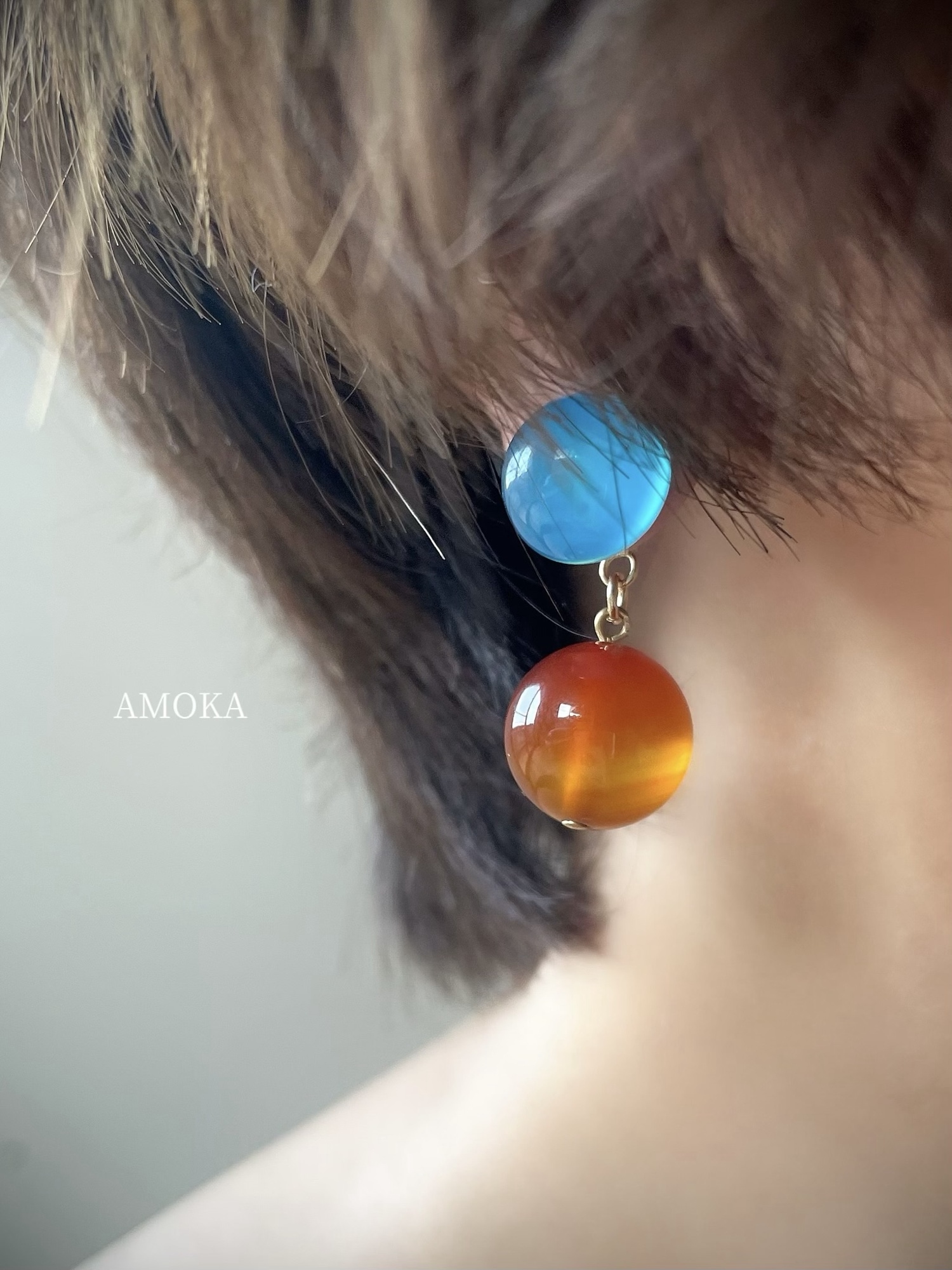 2way Calm & Glow ピアス｜ライトブルーカルセドニー×カーネリアン　　秋　オレンジ