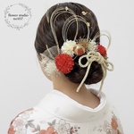 水引き髪飾り　レッドマムの髪飾り　レッド×ゴールド　水引　水引き　金箔　紐　ゴールド水引き　卒業式　成人式　袴　　髪飾り　編みおろし　水引髪飾り　紐アレンジ　成人式髪飾り　卒業式髪飾り