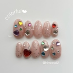 【No.4】colorful🌈×ストーン×フラッシュネイルチップ⟡.* / 星ホロ 成人式ネイル 前撮りネイル ブライダルネイル ジェルネイルチップ 🎀🤍 振袖 結婚式 韓国 カラフル ハート 宝石