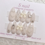 現品 ネイルチップ ベージュ リボン ハート キルティング 秋ネイル