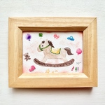 🎠透明水彩画「木馬」イラストミニ額    馬　午年　出産祝い　正月飾り　プチギフト  ピアノ　クマ　ほっこり　可愛い　パステルカラー　お正月　2026年