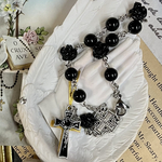 オニキス薔薇型　エルサレム十字架　ミニロザリオブレスレット（巾着付き）