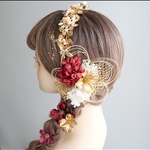 A113 カチューシャ　ゴールド×赤　髪飾り  成人式　卒業式　袴　振袖　結婚式　水引　ドライフラワー