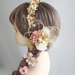 A114 カチューシャ　ゴールド×ピンク　髪飾り  成人式　卒業式　袴　振袖　結婚式　水引　ドライフラワー
