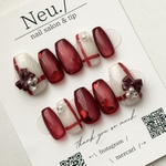 【サイズオーダー】シルキーマグレッドチェックリボンビジューネイル