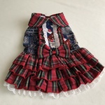 🐶オーダーデニム◇ヴィンテージ風デニム＊ノースリーブ風＊赤タータンチェックフリルスカートワンピース＊前開き