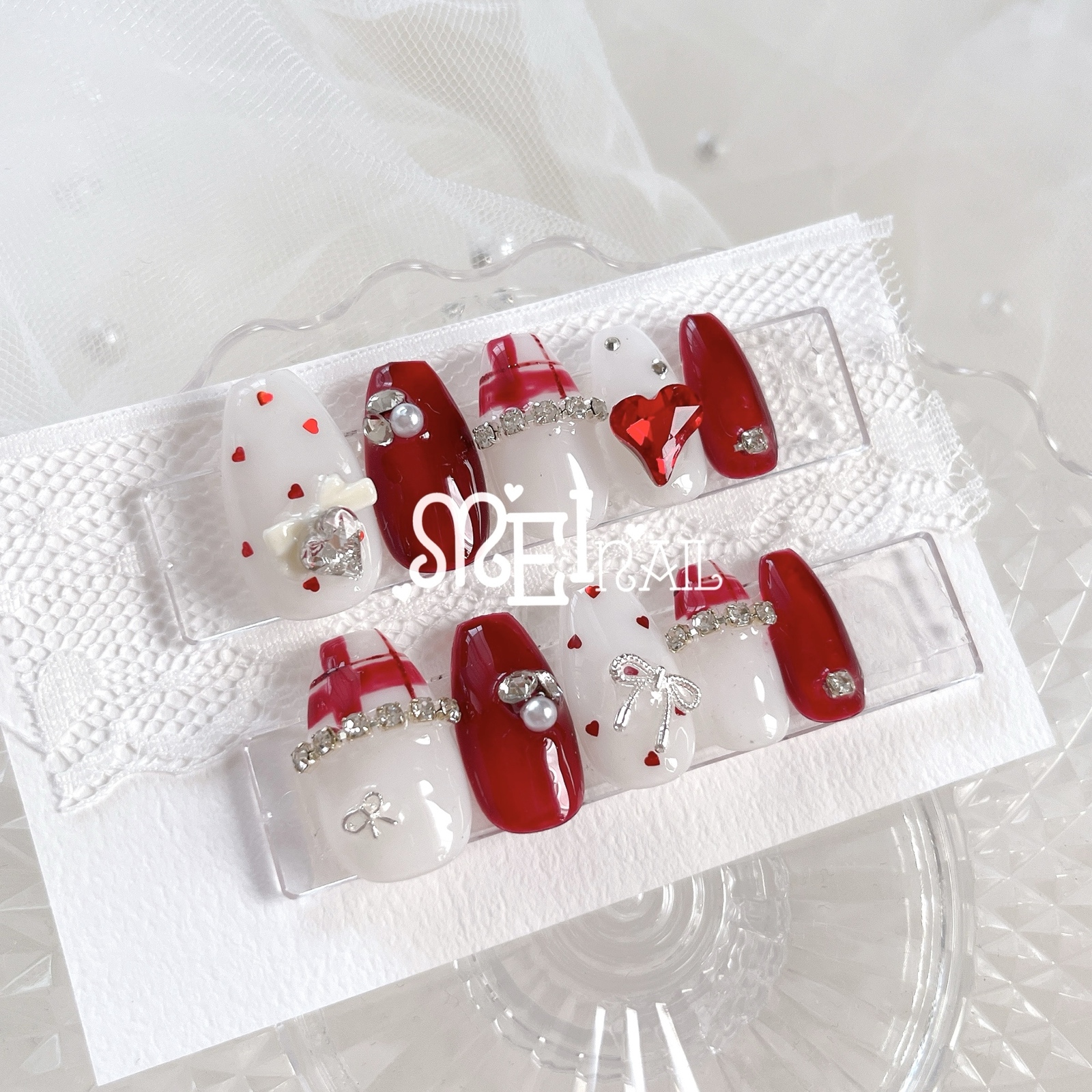 オーダー ネイルチップ 量産型 ガーリー チェリー スナ系 ちゅるちゅる リボン No.107】ガラスフレンチ‎ちゅるん ワンホン ネイルチップ 春