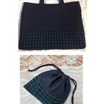 紺キルト＆チェック　レッスンバッグ（緑）・切り替えきんちゃく40×35