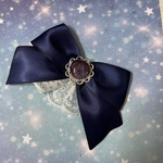 宇宙ガラスカメオ風ジャボ付きサテンリボン 選べるブローチヘアクリップ 青紺ネイビー 白レース 銀シルバー　cosmos, universe, (outer) space30mm