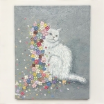  「花飾りと白猫」  テクスチャーアート　原画　絵画　アート　インテリアアート　現代アート　猫アート