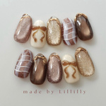 no.245 Luster check ribbon 🛎️🧶　リボンネイル　マグネットネイル　フラッシュネイル　ぷっくり　うるうる　キラキラネイル　秋　冬　ニュアンス　淡色　デート　