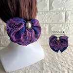 レースシニヨンネットバレッタ(パープルバタフライ)(薄手生地) ネット付きリボンバレッタ　紺　ビジュー　簡単お団子ヘアアレンジ　結婚式　成人式　フォーマル　浴衣　夏祭り