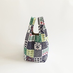 ノルディック風 ニットモチーフパッチ 毎日使いたくなるマルシェバッグ ネイビーグリーン 手提げトート 