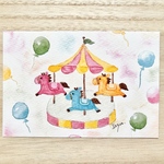 🎈透明水彩画「メリーゴーランド」 イラストポストカード　2枚セット　出産祝い　バレンタインカード　　入園入学祝い　馬　パステル🎈