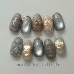 no.246 Café Chic☕️🍪　チェックネイル　マグネットネイル　フラッシュネイル　キルティング　リボン　ミラーネイル　フレンチネイル　秋　冬　デート　女子会　